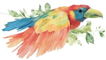 Obraz premium Vibrant watercolor illustration of a colorful parrot in flight surrounded by lush green foliage