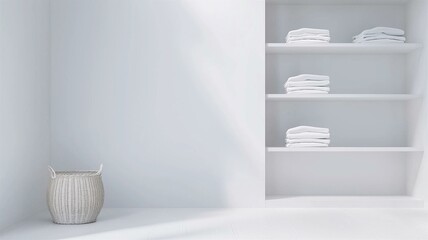 Photorealistic image of a minimalist closet with white shelving, neatly folded clothes, and a single storage basket
