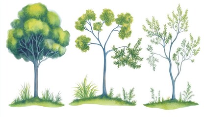 Three distinct types of trees illustrated with vibrant green foliage, surrounded by lush grass and plants