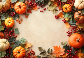 Vibrant Autumn Harvest Scene Featuring Colorful Pumpkins and Seasonal Foliage With Berries Arranged on a Natural Background for Cozy Fall Decor