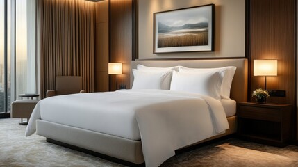 Luxurious hotel room with king-size bed, plush bedding, and city view. Perfect for travel, hospitality, and hotel websites.