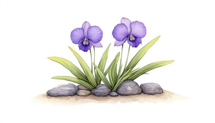 Two vibrant purple orchids blooming amidst smooth stones, set against a clean, white background, ideal for nature themes