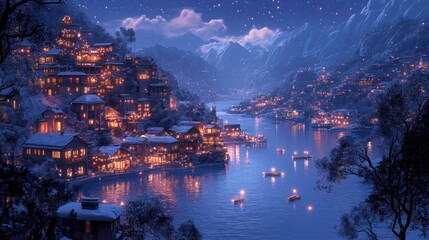 Fototapeta premium Night snowy village by calm lake under starry sky.