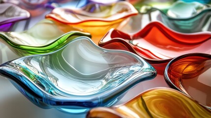 Colorful glass dishes arranged in a captivating display highlighting intricate designs and vibrant shades