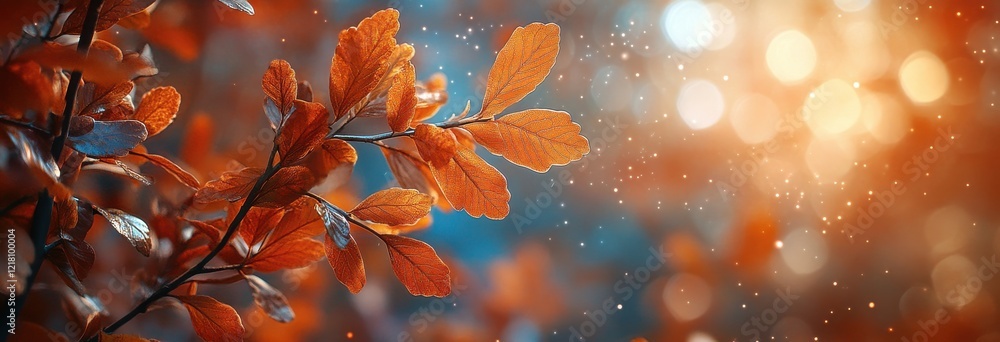 Poster vibrant autumn leaves against a dreamy backdrop of bokeh lights creating a magical atmosphere in nat