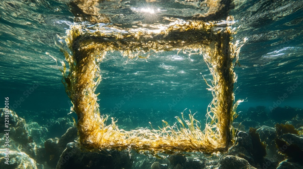 Poster underwater kelp forms a square frame in the ocean