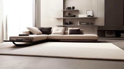 Photorealistic image of a minimalist living room with a large white rug, sleek couch, and minimal decor on low shelves
