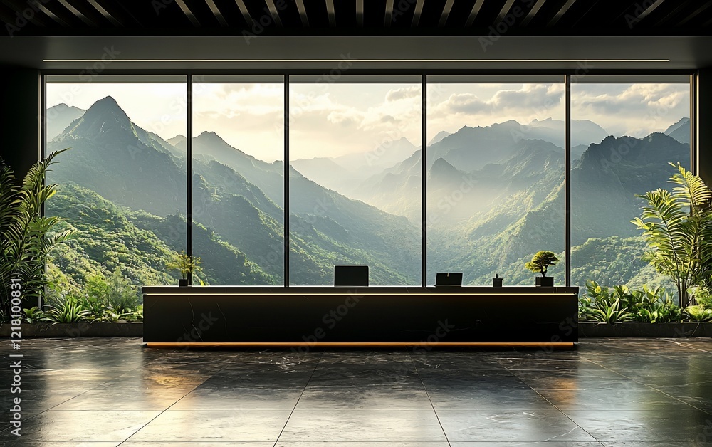 Poster modern reception desk with mountain view.