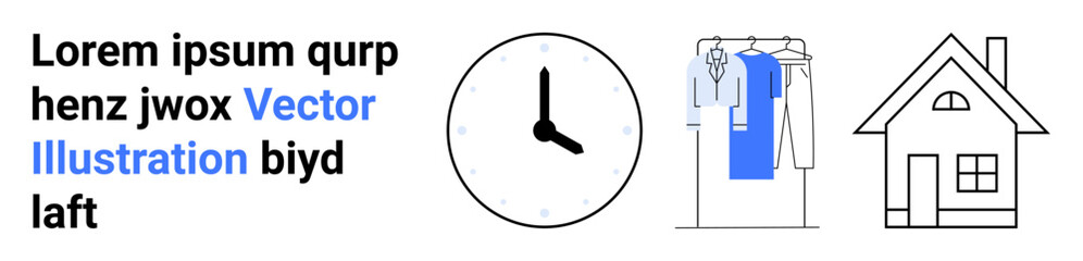 Clock showing 1010, wardrobe with blue clothes on hangers, and house symbol beneath placeholder text. Ideal for time management, home organization, lifestyle, interior design, housing, daily