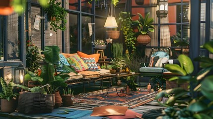 Illustration of An outdoor patio styled with trendy cluttercore, filled with mismatched yet chic furniture, lanterns, potted plants, and vibrant textiles. Ai Generate.
