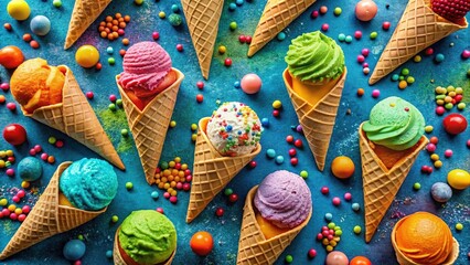 A colorful explosion of ice cream fills massive waffle cones in this stunning panoramic photo.