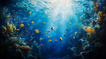 School of fish underwater clear blue ocean with bright sunlight