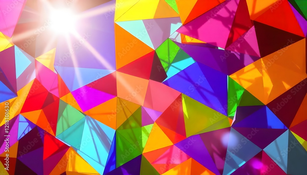Poster an abstract composition of colorful geometric shapes, illuminated by the radiant glow of a bright su