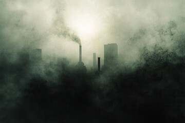 Mysterious industrial skyline shrouded in fog and smoke, creating eerie atmosphere