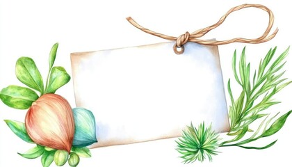 A vibrant watercolor illustration featuring an empty tag surrounded by colorful herbs and plants, ideal for labeling