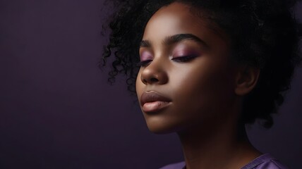 Fototapeta premium Profile of beautiful young black woman with her eyes closed - peace of mind concept - be calm relax being in present moment with meditation contemplation with deep breath - in focus of deep thoughts