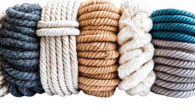 Colorful rope coils stacked together on a surface