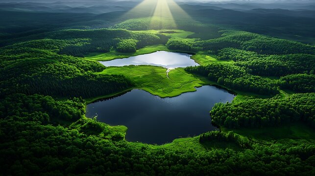 Aerial view of serene twin lakes nestled in lush green forest, sun rays illuminating; nature background, travel, tourism