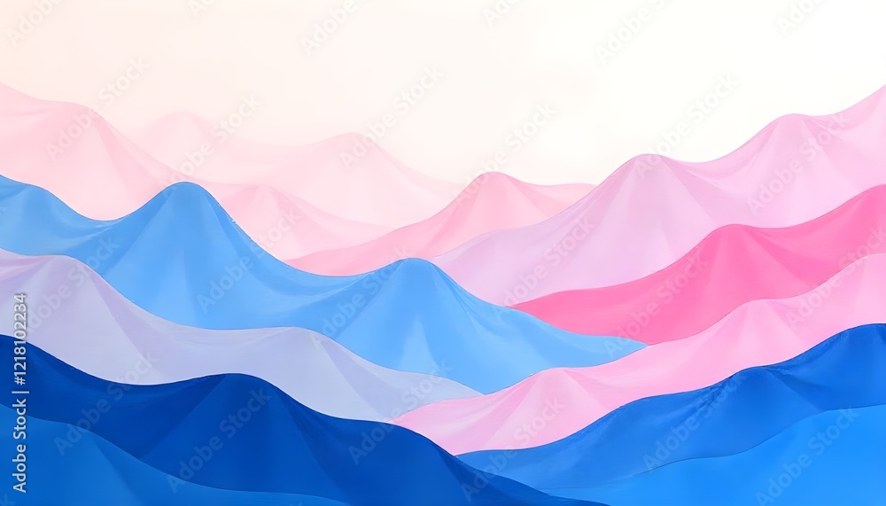 Poster an abstract painting depicting wavy mountains in shades of pink and blue, with soft gradients and fl