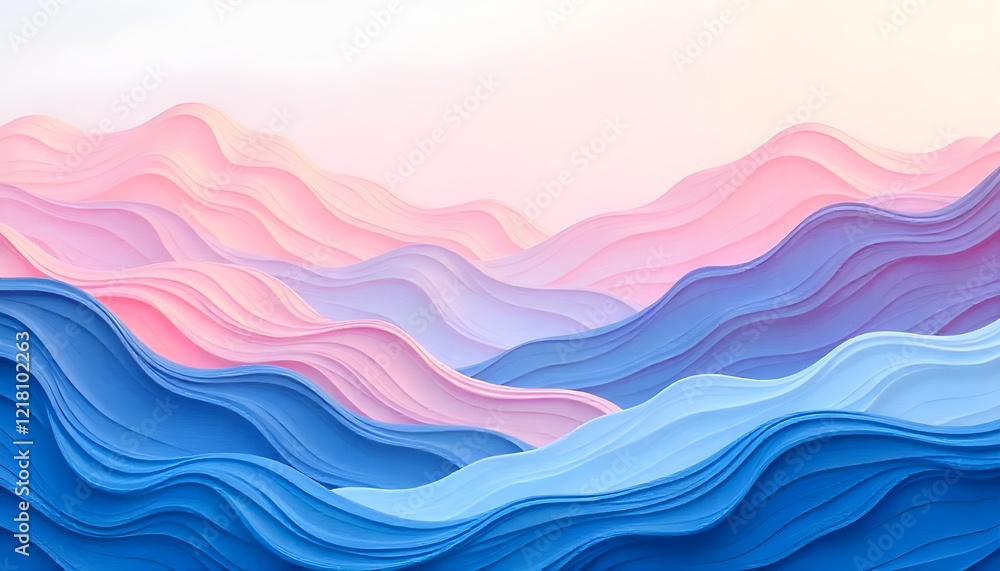 Aufkleber an abstract painting depicting wavy mountains in shades of pink and blue, with soft gradients and fl