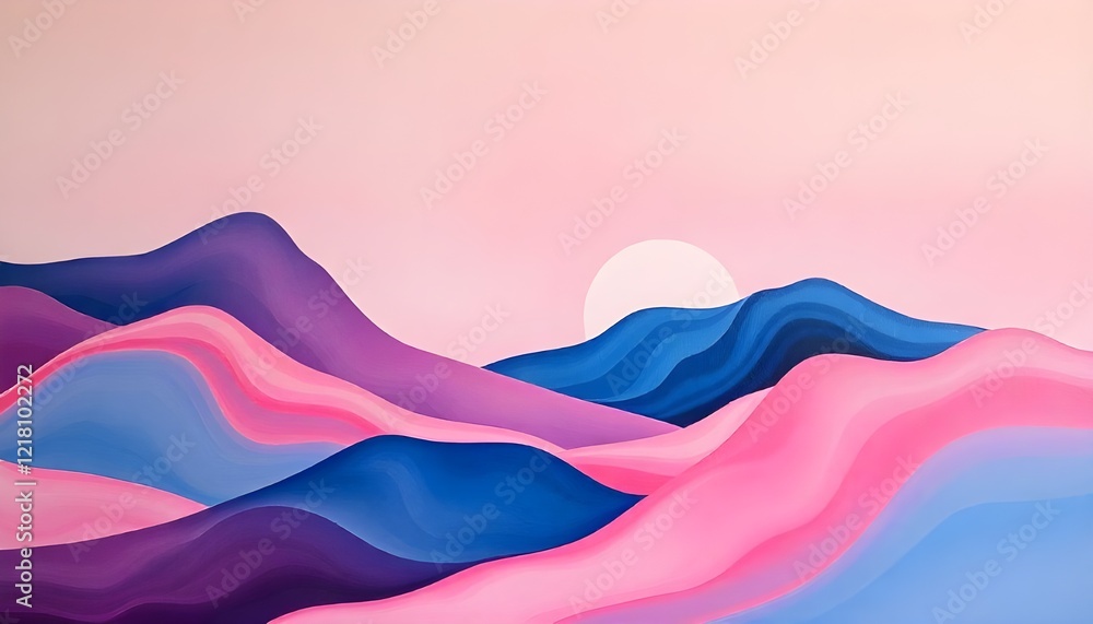 Aufkleber an abstract painting depicting wavy mountains in shades of pink and blue, with soft gradients and fl