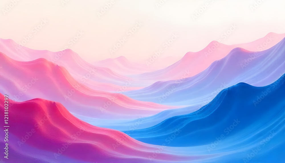 Aufkleber an abstract painting depicting wavy mountains in shades of pink and blue, with soft gradients and fl