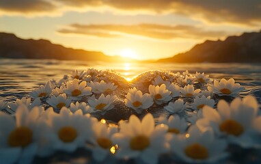 Sunset ocean scene with white flowers floating on water.