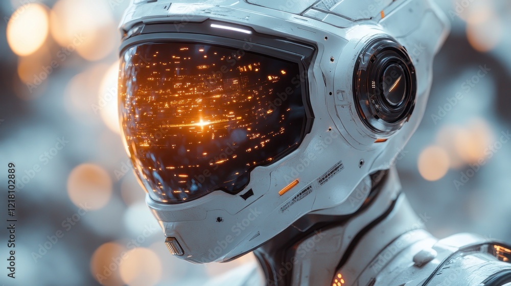 Poster futuristic robot in a high-tech helmet with city lights reflected