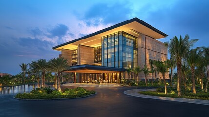 Naklejka premium A contemporary hotel building with clean lines, a glass facade, and landscaped front, offering a modern retreat in an urban location