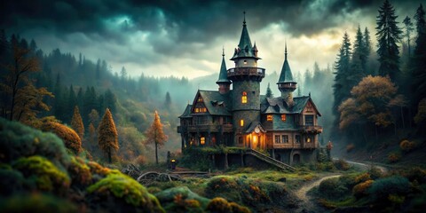 Obraz premium A creepy tilt-shift view: haunted castle, gloomy forest, overcast sky, spooky Halloween.
