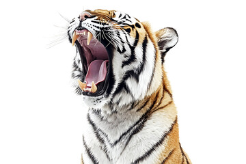 Fototapeta premium A roaring tiger showcasing its fierce expression against a white background.
