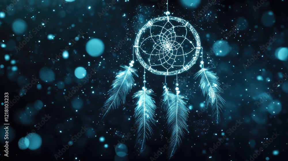 Poster a delicate dreamcatcher symbol outlined in white light over a dark background with subtle glowing pa