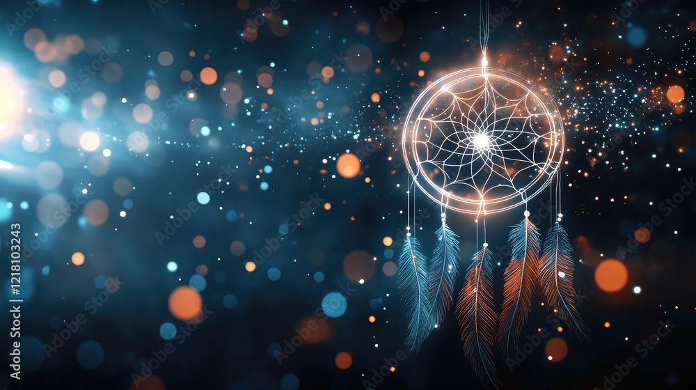 Poster a delicate dreamcatcher symbol outlined in white light over a dark background with subtle glowing pa