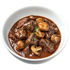 A classic beef bourguignon with mushrooms and red wine sauce, isolated white background, hyperrealism art style