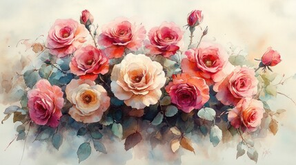 Watercolor painting of a bouquet of pink and peach roses with green leaves.