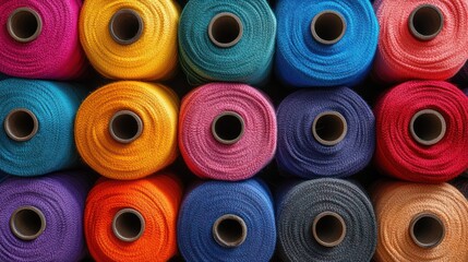 Colorful thread spools arranged in rows.