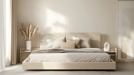 Minimalist bedroom with a platform bed and neutral colors. Featuring clean lines and a clutter-free space. Highlighting simplicity and comfort. Ideal for interior design blogs.