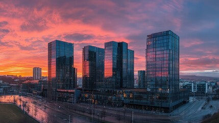 Fototapeta premium A dynamic perspective of a row of modern office towers with reflective glass facades under a vibrant sunset sky