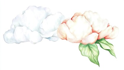 Soft watercolor illustration of fluffy clouds and delicate peony flowers, evoking tranquility and nature's beauty