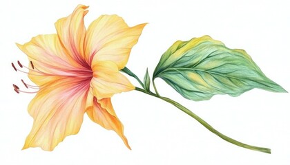 Vibrant watercolor illustration of a hibiscus flower with lush green leaves on a white background