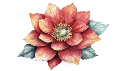 Vibrant red and orange flower with green leaves, beautifully illustrated on a white background, ideal for decor