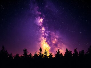 Fototapeta premium Majestic Milky Way galaxy rising over silhouetted pine trees at night.