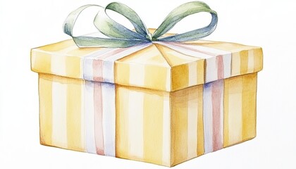 A beautifully wrapped yellow gift box with a green ribbon, set against a plain white background