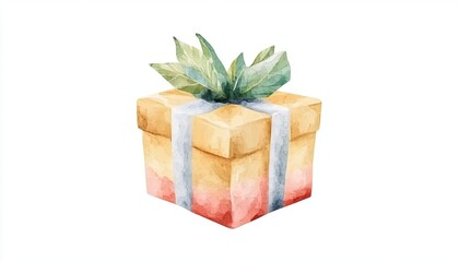 A beautifully wrapped gift box with a green plant on top, set against a plain white background