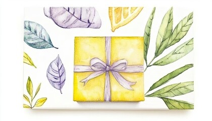 A beautifully wrapped yellow gift box surrounded by watercolor leaves and citrus elements on a white background