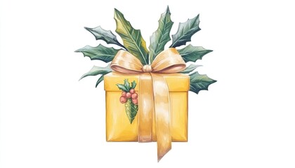 A beautifully wrapped yellow gift box adorned with holly leaves and a ribbon, symbolizing festive celebrations