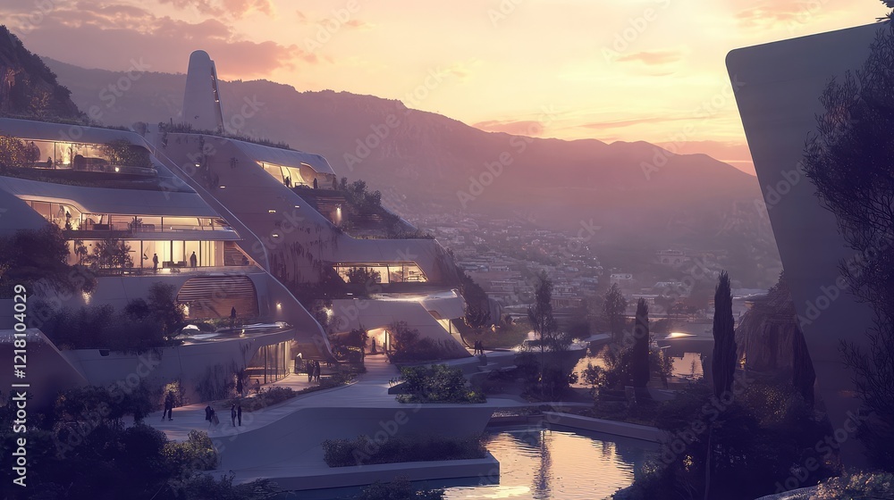 Poster a futuristic dormitory design with bold, overlapping structures and shared terrace spaces illuminate