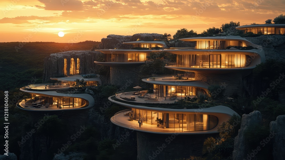 Poster a futuristic dormitory design with bold, overlapping structures and shared terrace spaces illuminate