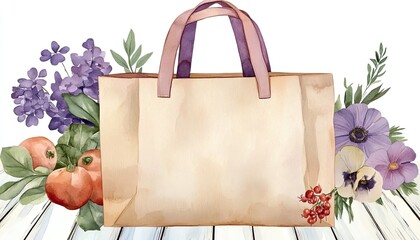 A charming, empty tote bag surrounded by vibrant flowers and fruits on a rustic wooden surface