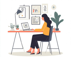 Modern Home Office Illustration of a Woman Working on a Laptop with Plants and Decor for Productivity and Comfort